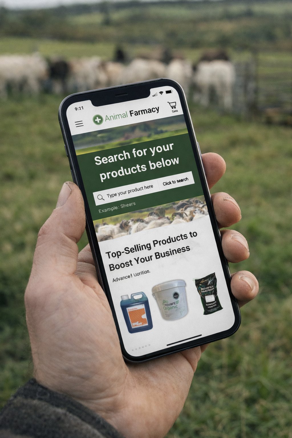Farmer holding mobile phone showing Animal Farmacy site in a field